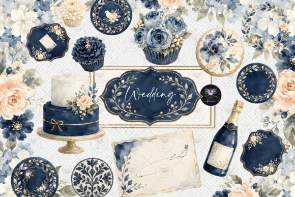 Download Navy Blue Floral Wedding Watercolor Clip - Blue Collection