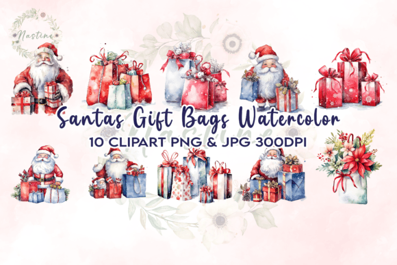 Download Santas Gift Bags Watercolor Clipart - Premium Bundle