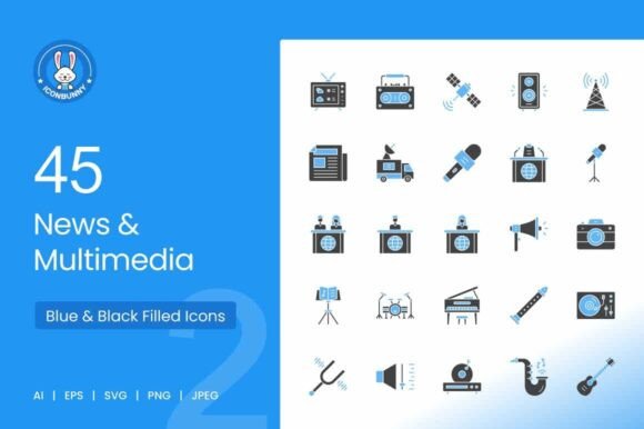 Download News &amp; Multimedia Blue &amp; Black Icons - Blue Collection